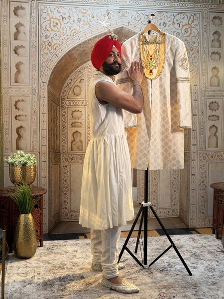Sikh groom in a red dastar before his Middlesbrough wedding