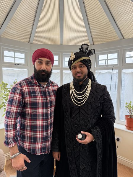 Muslim saafa tied for a groom at Thind Turban Tying Centre, Doncaster